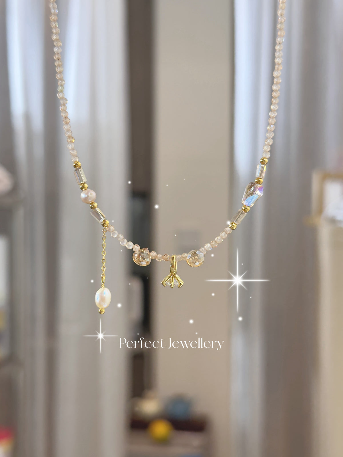 Cubic Zirconia & Freshwater Pearl Design Necklace | 小鑽戒💍香檳金鋯石&淡水珍珠設計項鍊