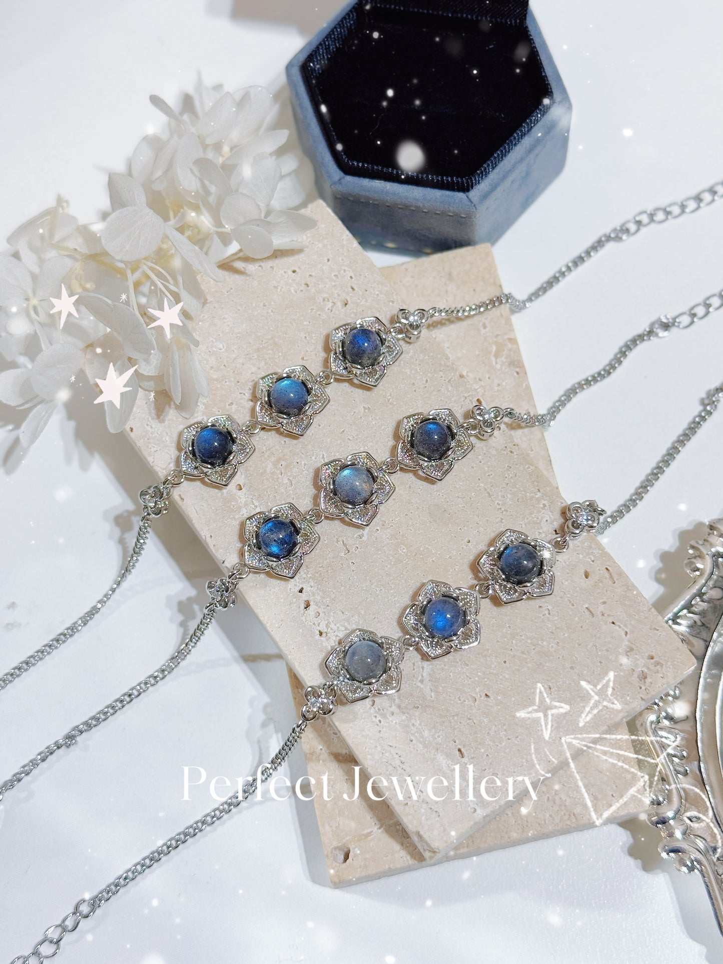 Labradorite Bracelet 拉長灰月光鏤空花花手鏈