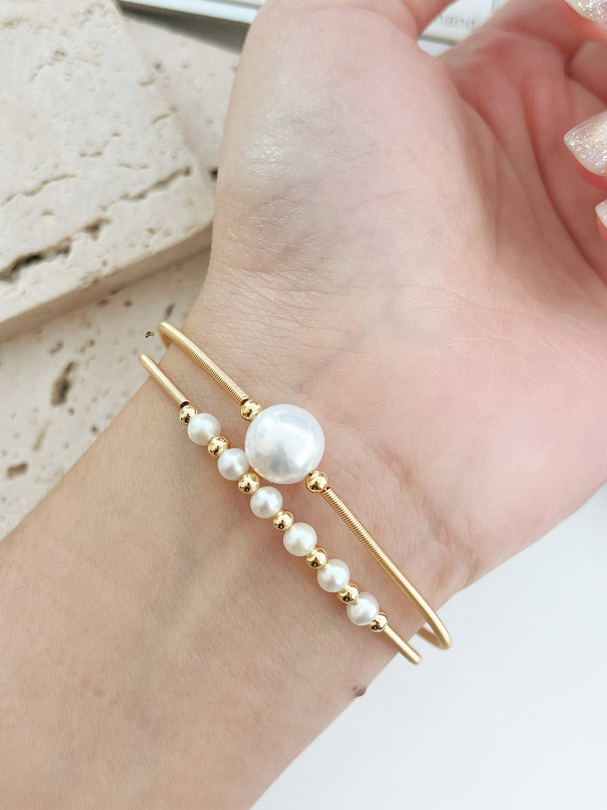 Freshwater Pearl Brass Bangle |淡水珍珠雙層手鈪