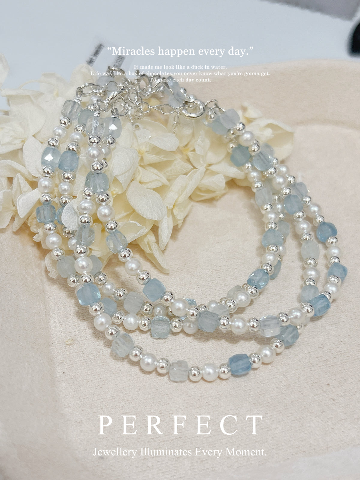 Cubic Aquamarine & Freshwater Pearl S925 Bracelet | 方糖海藍寶淡水珍珠手鏈