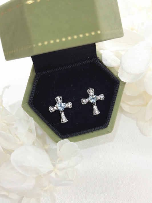 0.4ct Aquamarine S925 Earrings 海藍寶愛心十字架耳釘