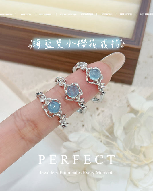 Aquamarine Sakura Brass Ring | 海藍寶小櫻花戒指