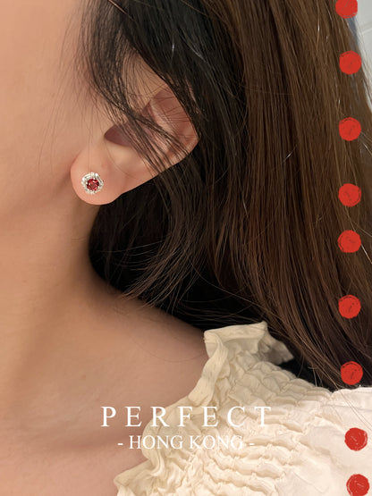 Red Garnet Earrings 紅石榴梯方圍鑲耳釘