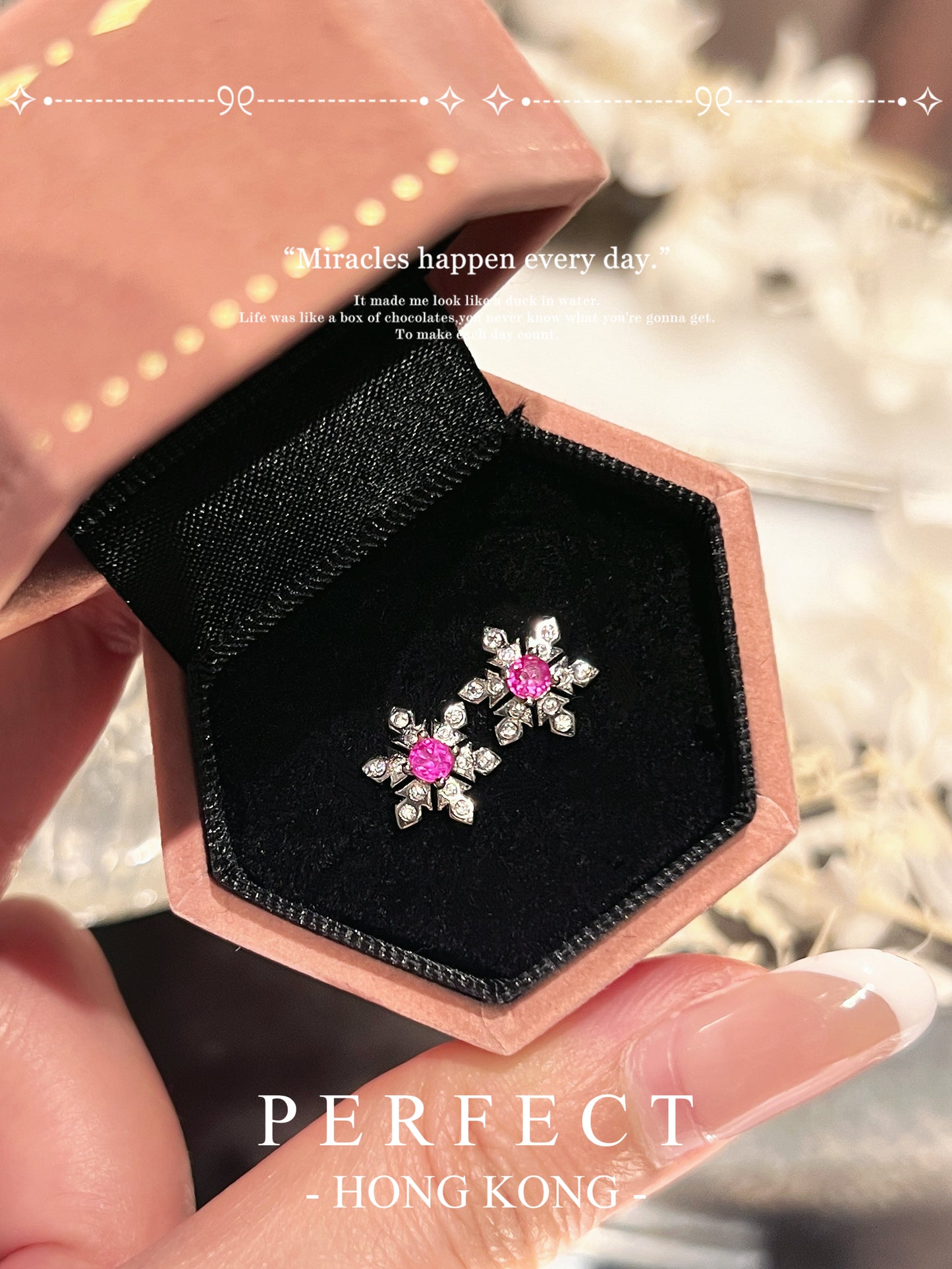 ✨Pinkish Ruby Snowflake Earrings| 紅寶石雪花耳釘
