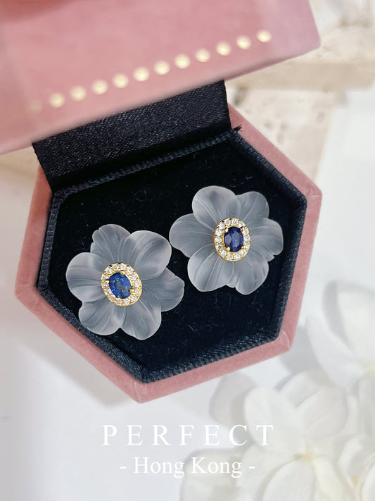 0.9ct Blue Sapphire Clear Quartz S925 Earrings｜ 藍寶石白水晶花花耳釘